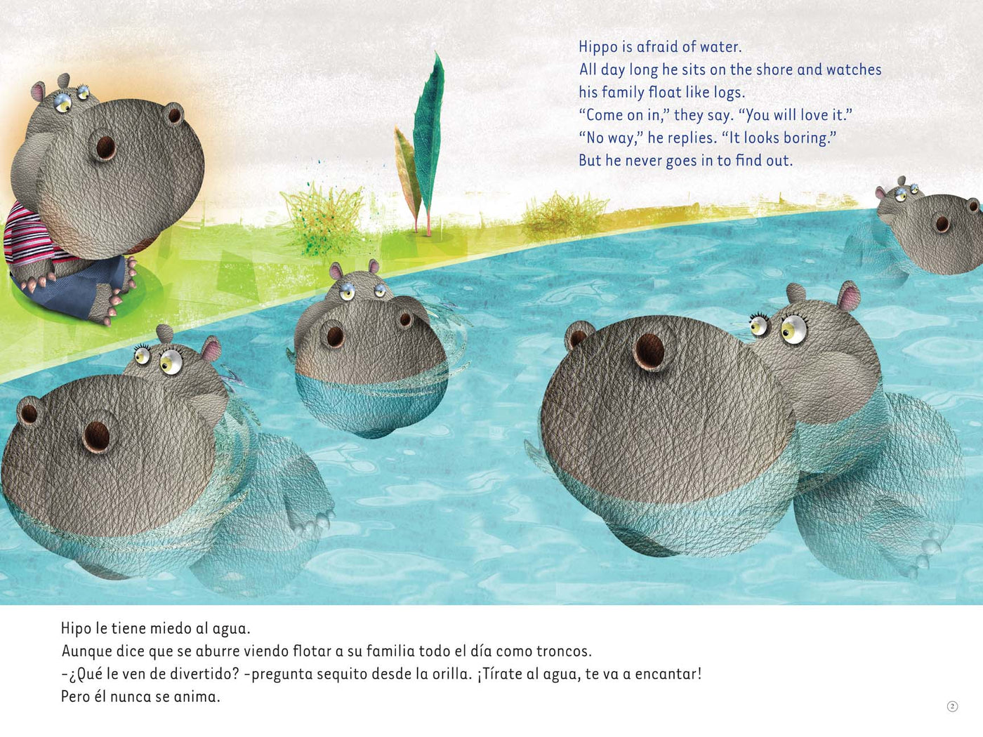 Sample panel from Hippo Doesn't Swim / Hipo no nada bilingual Book Walk story