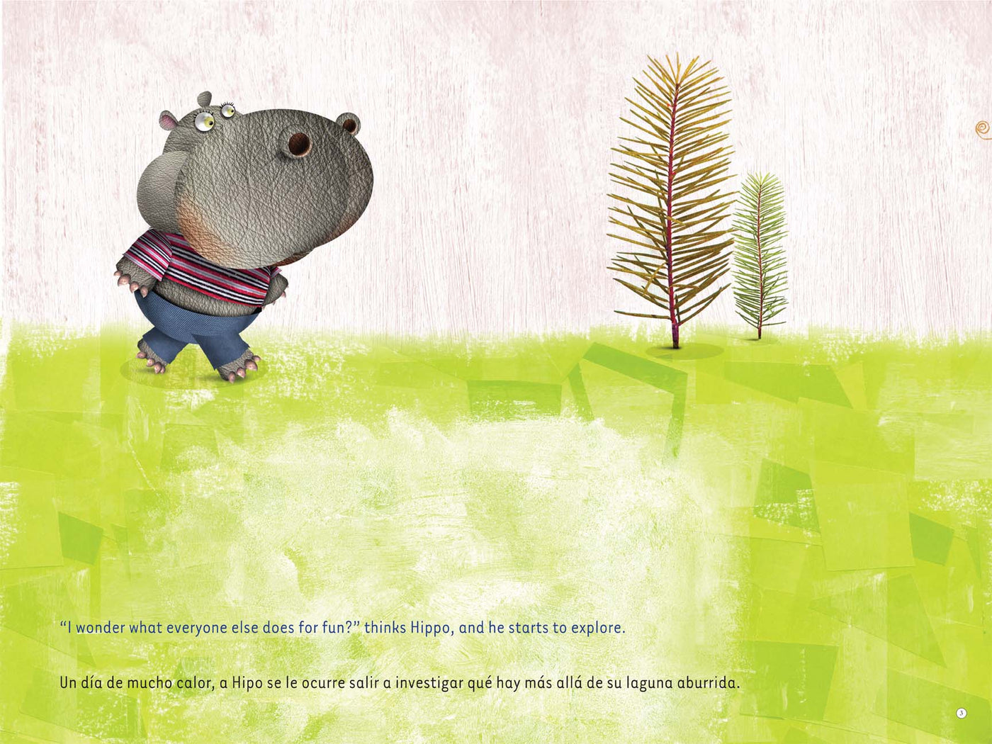 Sample panel from Hippo Doesn't Swim / Hipo no nada bilingual Book Walk story